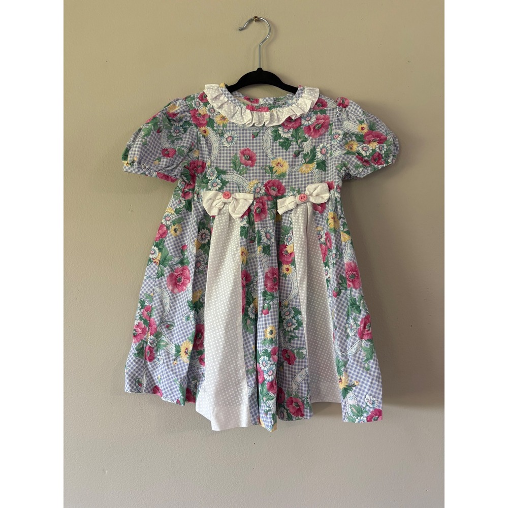 Vintage Little Precious Toddler Girls 4T Floral Gingham Dress Ruffle Collar